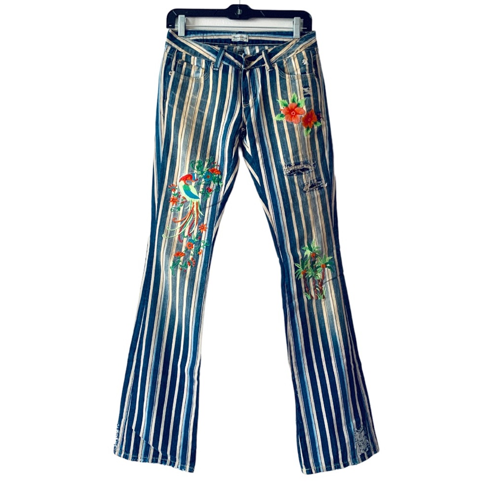 Blue Striped Embroidered Flare Jeans - Women - Picture 10 of 10
